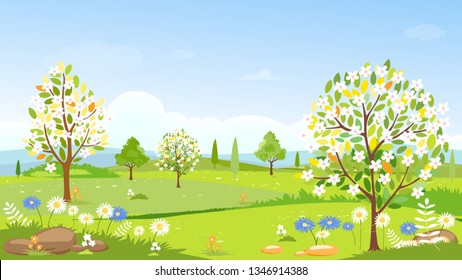 Panorama view of spring village with green meadow on hills with blue sky, Vector Summer or Spring landscape, Panoramic countryside landscape green field with grass flowers on mountains and farmhouse.