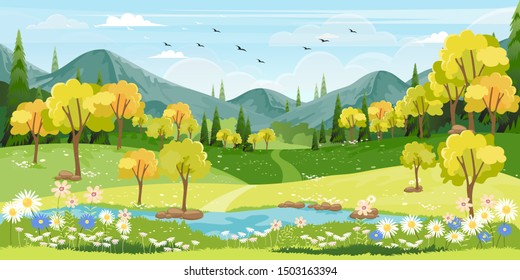 Panorama view of spring village with green meadow on hills with blue sky, Vector cartoon Spring or Summer landscape, Panoramic countryside landscape mountains with wild flowers fields