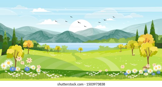 Panorama view of spring village with green meadow on hills with blue sky, Vector cartoon Spring or Summer landscape, Panoramic countryside landscape mountains with wild flowers fields