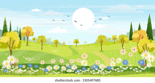 Panorama view of spring village with green meadow on hills with blue sky, Vector cartoon Spring or Summer landscape, Panoramic countryside landscape mountains with wild flowers fields