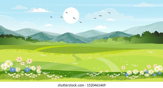 Panorama view of spring village with green meadow on hills with blue sky, Vector cartoon Spring or Summer landscape, Panoramic countryside landscape mountains with wild flowers fields