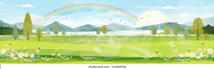 Panorama view of spring village with green meadow on hills with blue sky and rainbow after rain,Vector cartoon Spring or Summer landscape, Panorama countryside mountains and lake with  flowers fields