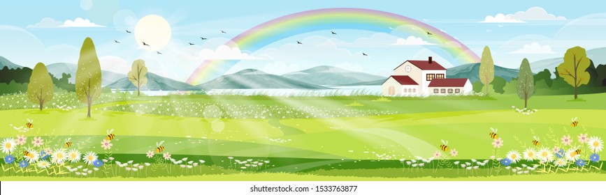 Panorama view of spring village with green meadow on hills with blue sky and rainbow after rain,Vector cartoon Spring or Summer landscape, Panorama countryside mountains and lake with  flowers fields