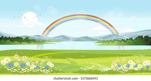 Panorama view of spring village with green meadow on hills with blue sky and rainbow after rain,Vector cartoon Spring or Summer landscape, Panorama countryside mountains and lake with  flowers fields