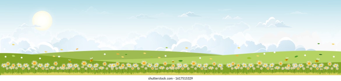 Panorama view of spring village with green meadow on hills with blue sky, Vector Summer or Spring landscape, Panoramic countryside landscape green field with grass flowers on mountains.