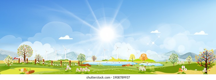 Panorama view of spring village, green meadow on hills, blue sky and sun,Vector cartoon Spring or Summer landscape,Panoramic countryside landscape of farmland with family ducks  swimming on the pond.