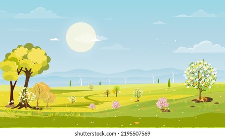 Panorama view of spring village with green meadow on hills with blue sky, Vector cartoon Spring or Summer landscape, Panoramic countryside landscape mountains with wild flowers fields