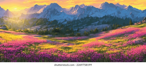 Panorama View of Spring Village with Green Meadow on Hills with Blue Sky, Vector Cartoon Spring or Summer Landscape, Panoramic Landscape Mountains with Wildflowers Wildflowers. spring background - Shutterstock ID 2269758199