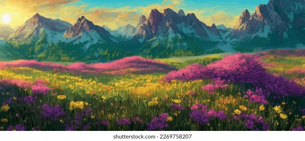 Panorama View of Spring Village with Green Meadow on Hills with Blue Sky, Vector Cartoon Spring or Summer Landscape, Panoramic Landscape Mountains with Wildflowers Wildflowers. spring background - Shutterstock ID 2269758207