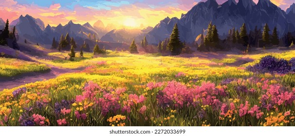 Panorama View of Spring Village with Green Meadow on Hills with Blue Sky, Vector Cartoon Spring or Summer Landscape, Panoramic Landscape Mountains with Wildflowers Wildflowers. spring background - Shutterstock ID 2272033699