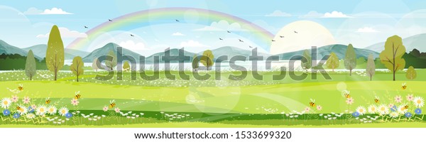 Panorama view of spring village with green meadow\
on hills with blue sky and rainbow after rain,Vector cartoon Spring\
or Summer landscape, Panorama countryside mountains and lake with \
flowers fields