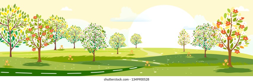 Panorama view of summer village with green meadow on hills with yellow sky, Vector cartoon Spring or Summer landscape, Panoramic countryside landscape mountains with wild flowers fields