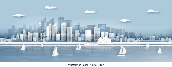 Panorama view of Sydney, Australia city skyline and world famous landmarks in paper cut style vector illustration