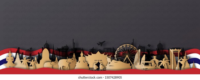 Panorama view of Thailand in paper cut style on flag background. Landmarks of Thailand Vectors Illustration