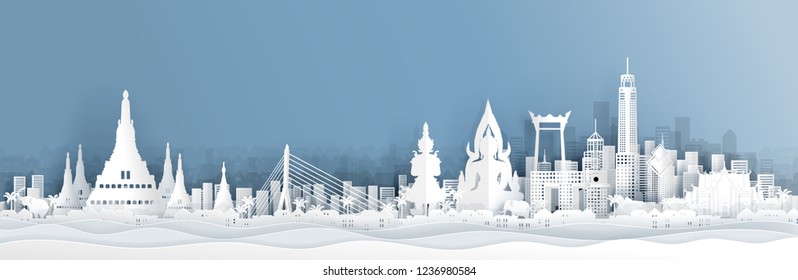 Panorama view of Thailand skyline with world famous landmarks in paper cut style vector illustration