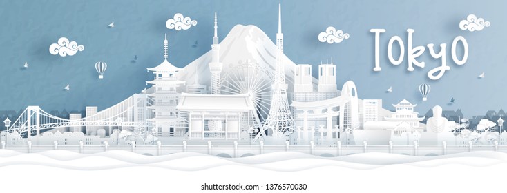 Panorama view of Tokyo city skyline with world famous landmarks of Japan in paper cut style vector illustration.