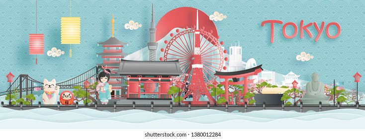 Panorama view of Tokyo city skyline with world famous landmarks of Japan in paper cut style vector illustration.