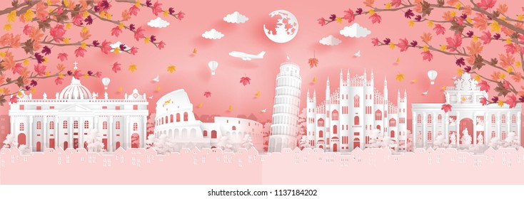 Panorama view of top world famous landmark for travel poster and postcard, Autumn season with falling leaves in Italy  in paper origami style vector illustration.