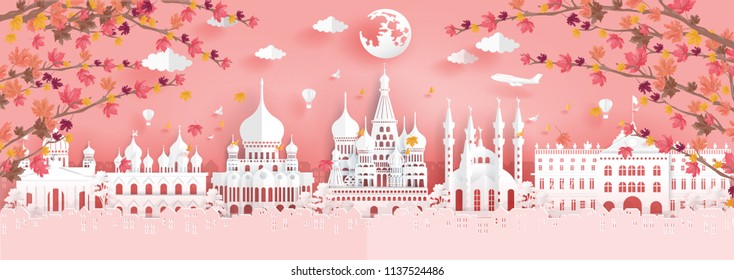 Panorama view of top world famous landmark for travel poster and postcard, Autumn season with falling leaves in Russia in paper origami style vector illustration.