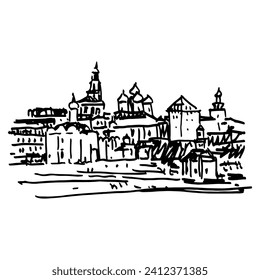 Panorama view of the Trinity Lavra of St. Sergius in Sergiyev Posad. Russian Orthodox monastery. Hand drawn linear doodle rough sketch. Black and white silhouette.