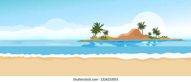 Panorama view Tropical seascape of blue ocean and coconut palm tree on island, ,Panoramic Sea beach and sand with blue sky,Vector illustration flat style nature of landscape seaside for Summer holiday