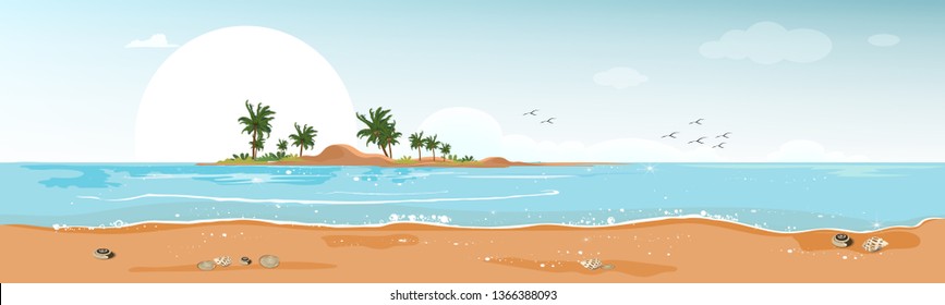 Panorama view Tropical seascape of blue ocean and coconut palm tree on island, ,Panoramic Sea beach and sand with blue sky,Vector illustration flat style nature of landscape seaside for Summer holiday