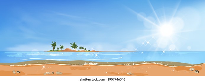 Panorama view Tropical seascape of blue ocean and coconut palm tree on island, ,Panoramic Sea beach and sand with blue sky,Vector illustration flat style nature of landscape seaside for Summer holiday