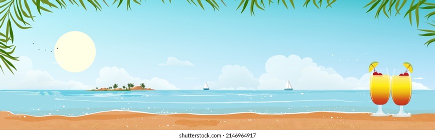 Panorama view Tropical seascape of blue ocean and coconut palm tree on island, Panoramic Sea beach and sand with blue sky,Vector illustration flat style nature of landscape seaside for Summer holiday