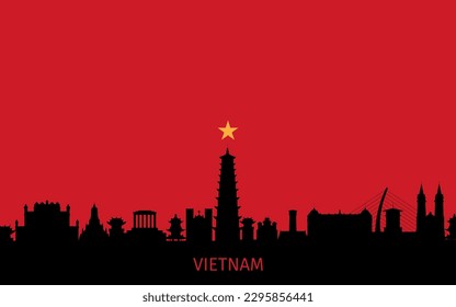 Panorama view of Vietnam with temple and city skyline with world famous landmarks in paper cut style vector illustration. Vietnam vector skyline silhouette with reflection in black and white easy to e