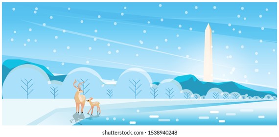 Panorama view of winter of National mall USA Washington DC monument with night sky and deer,Vector winter landscape, Panoramic city dusk landscape of USA famous skyline panoramic.