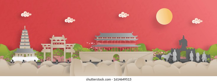 Panorama view of Xian city skyline with world famous landmarks of China in paper cut style vector illustration.