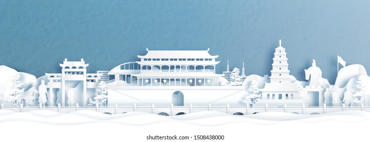 Panorama view of Xian skyline with world famous landmarks of China in paper cut style vector illustration.