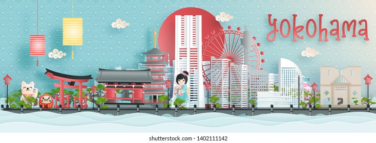 Panorama view of Yokohama city skyline with world famous landmarks of Japan in paper cut style vector illustration.