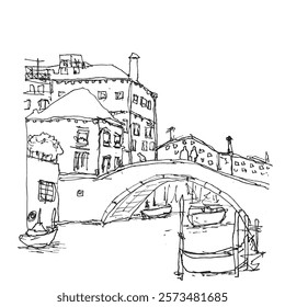 Panorama Village Bridge with Boats, Simple Sketch Vector