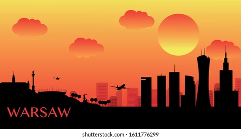 Panorama of Warsaw on a dark background during sunset. Vector illustration depicting the Palace of Culture, stadium, royal castle and skyscrapers in Warsaw. Vector illustration.