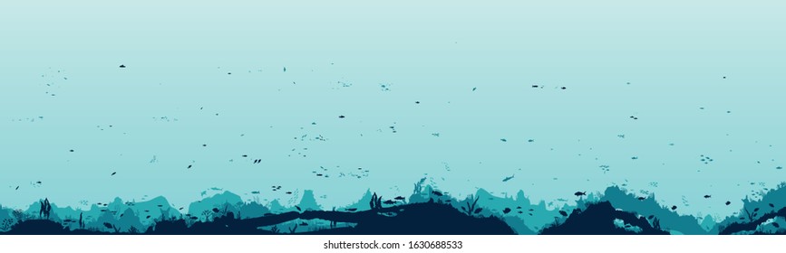 Panorama of the water landscape. Silhouette of fish, algae and reef in the sea. Underwater living world.