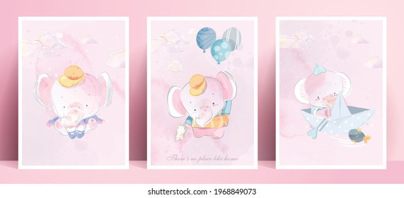 Panorama watercolor painting lifestyle Daily life elephant in human gestures romantic illustration in pastel color tone.