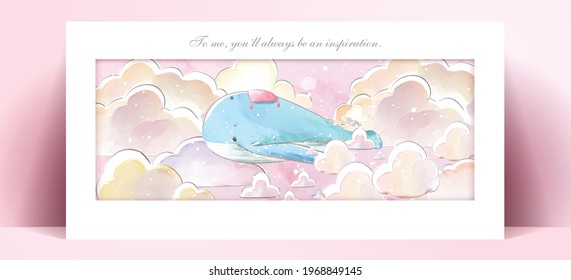 Panorama watercolor painting lifestyle Daily life whale in human gestures romantic illustration in pastel color tone.
