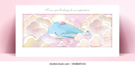 Panorama watercolor painting lifestyle Daily life whale in human gestures romantic illustration in pastel color tone.