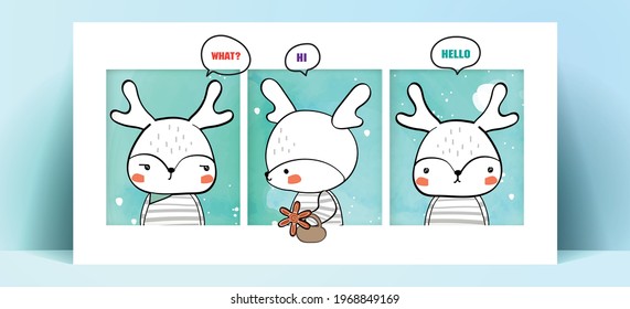 Panorama watercolor painting lifestyle Daily life Wild animals deer in human gestures romantic illustration in pastel color tone.