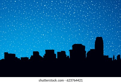 Panorama of waterfront street of multistory business center of midtown NY harbor. Dark picture backdrop in art style with space for text on blue gloaming crepuscule starry heaven. Modern scenic view