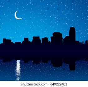 Panorama of waterfront street of multistory business center of downtown NY harbor. Dark picture backdrop in art style with space for text on blue gloaming crepuscule starry heaven. Modern scenic view