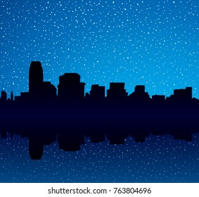 Panorama of waterfront street of multistory business center of midtown NY harbor. Dark art picture backdrop with cosypace for text on blue gloaming crepuscule starry heaven. Modern scenic view