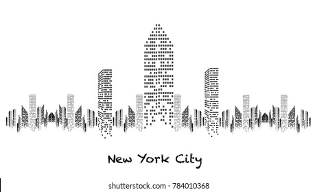 Panorama of White and Black illuminated Building under construction, skyscrapers and flat, light, stage, home, house, art, new york, usa