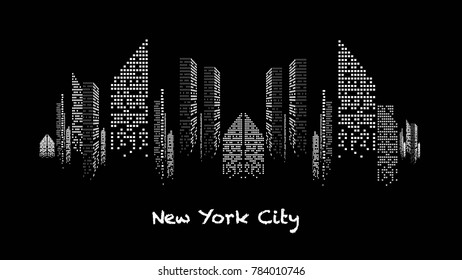 Panorama of White and Black illuminated Building under construction, skyscrapers and flat, light, stage, home, house, art, new york, usa