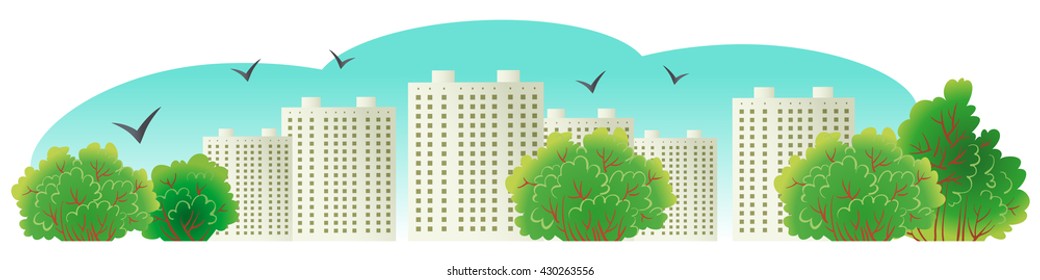 panorama of white high-rise buildings, green trees, the sky, the birds