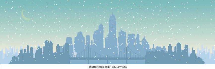 Panorama of the winter city. City with a bridge. Snowing. Vector illustration