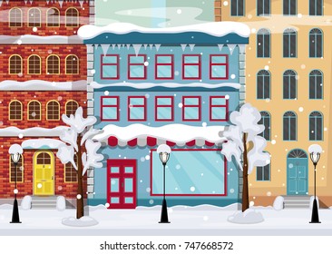 Panorama of a winter city with trees in the snow, houses, lanterns, road.Vector illustration.