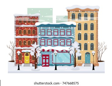 Panorama of a winter city with trees in the snow, houses, lanterns, road.Vector illustration.