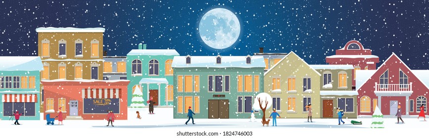 Panorama with winter cityscape and people. Snowy night in a cozy city. Winter Christmas village with night landscape. People walking in winter. Snowfall. Vector